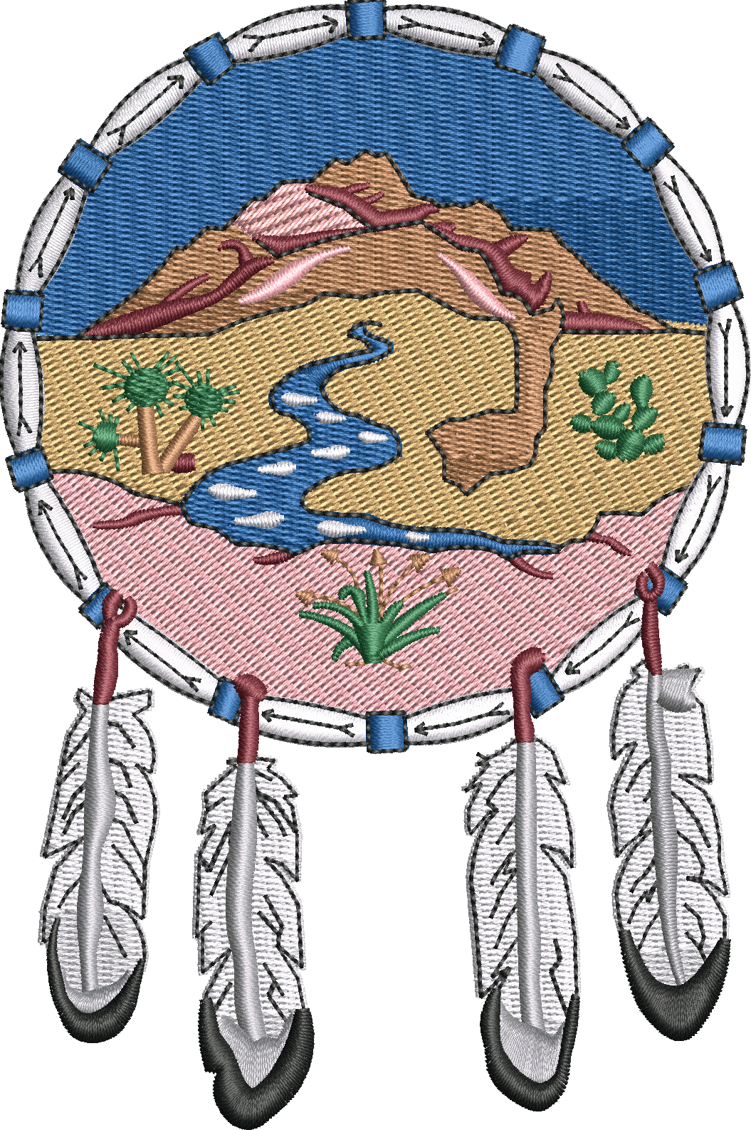 Digitized stitch preview of a dreamcatcher emblem with feathers